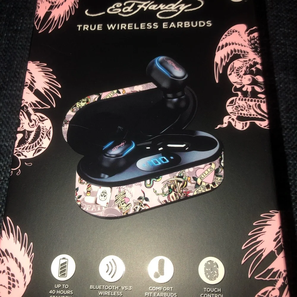 ‼️ED HARDY True Wireless Earbuds with Pink Pattern - Wireless Charging Case